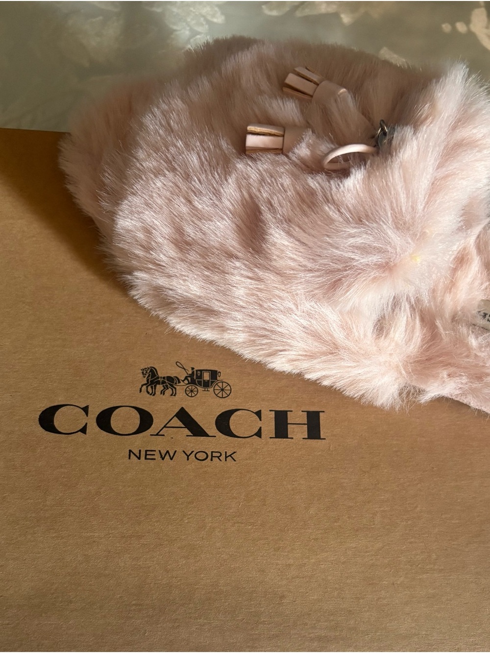 COACH Pink Faux Fur Slippers w/Leather Tassel Size 8